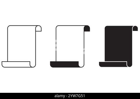 Scroll icons set. Rolled paper symbols. Black and white vector. Ancient document shapes. Stock Vector