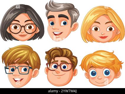 Six diverse cartoon faces with various hairstyles Stock Vector