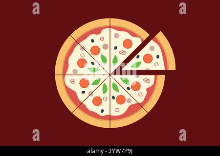 A circular pizza is neatly divided into eight equal slices with various toppings visible. Stock Vector
