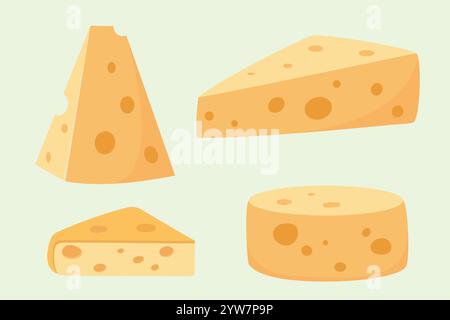 A simple illustration depicts four different shapes and sizes of cheese pieces with holes. Stock Vector