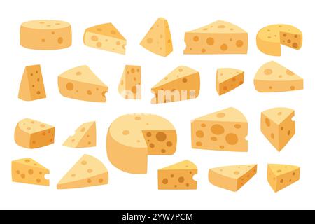 A collection of cartoon illustrations showing various shapes and sizes of cheese pieces. Stock Vector