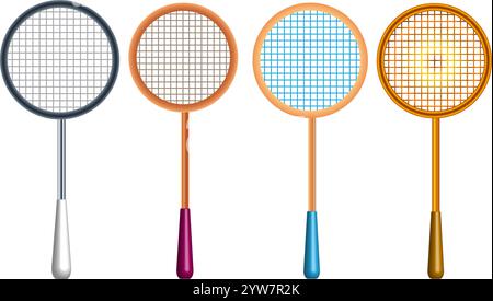 Badminton rackets set of 4 with silver wooden and golden colors isolated on transparent white background Stock Vector