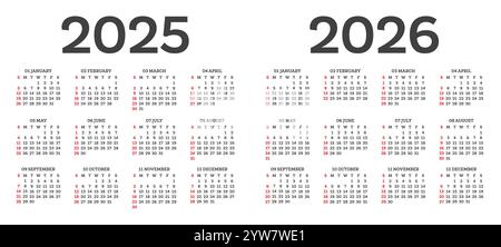 Calendar template 2025 2026 isolated on white background. Week starts from sunday. Vector illustration. Stock Vector