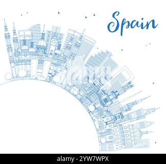 Outline Spain City Skyline with Blue Buildings and Copy Space. Vector Illustration. Modern and Historic Architecture. Spain Cityscape with Landmarks. Stock Vector