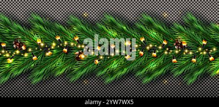 Holidays background with border of realistic looking christmas tree branches, cones and neon garland. Checkered background. Vector illustration. Stock Vector