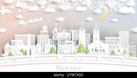 Bergen Norway. Winter city skyline in paper cut style with snowflakes, moon and neon garland. Christmas and new year concept. Santa Claus on sleigh. Stock Vector