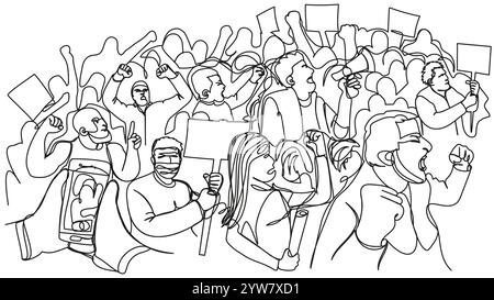 Big protest in one line on a white background. Evil people came out with posters and slogans. The mass dissatisfied with politics. Vector illustration Stock Vector