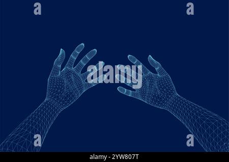 Polygonal Mesh or Wireframe Hands in Front of Viewer. VR or Virtual Reality Concept With First Person Point of View Stock Vector