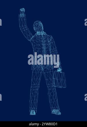 Businessman with case wireframe, outline vector sign, linear style pictogram isolated on blue. Symbol, logo illustration. Stock Vector