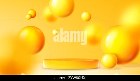 Bright yellow studio room interior scene with cylinder podium for products showcase and floating glossy shiny spheres. Realistic 3d vector composition with round platform mockup and flying balls. Stock Vector