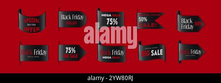 Black Friday sale and Cyber Monday discount badges and ribbon labels with overlay and shadow effect on red background. Realistic 3d vector set of November best offer promo tags and banners with signs. Stock Vector