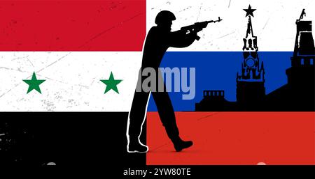 Russian soldier against the backdrop of the flags of Syria, Russia and the Kremlin. Stock Photo