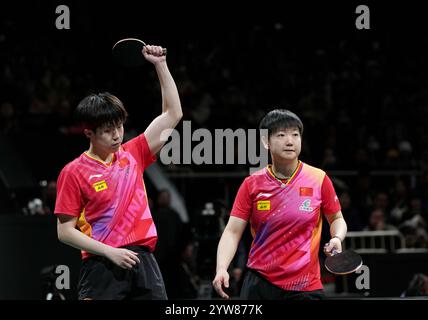 In the opening mixed doubles match of the final on Sunday evening, Olympic champions Wang Chuqin and Sun Yingsha gifted China a favorable start by defeating South Korean duo Cho Dae-seong and Shin Yu-bin. Chengdu,China.8th December 2024. China retained its title at the International Table Tennis Federation (ITTF) Mixed Team World Cup with an 8-1 victory over South Korea in the final here on Dec.8, 2024. As the season-ending tournament of global table tennis, the eight-day tournament features 16 teams. With an unbeaten record across the first nine matches, China led the standings in both the fi Stock Photo