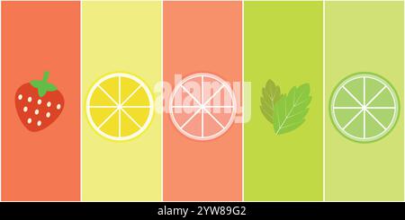 Fruit mint lime lemon or grape juice sticker flavor icon. Fruit logo label vitamin droplet Stock Vector