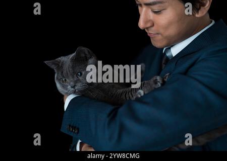 Cat being held by businessman Stock Photo