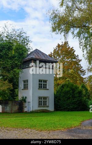 View of guard tower in the Dachau concentration camp, Bavaria, Germany Stock Photo