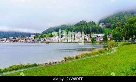 View of the village Le Pont, and the Lac de Joux lake, Vaud Canton, Switzerland Stock Photo