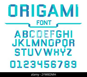 Origami effect paper font. Folded blue color strips and ribbons. Cardboard uppercase craft shapes. ABC typeset. Latin alphabet capital letters and num Stock Vector