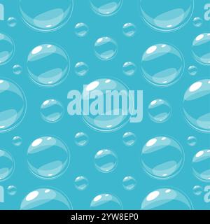Cartoon soap bubbles seamless pattern. Sparkling water with fizzy air balls. Repeated print. Bath foam blue elements. Cleaning detergent froth. Laundr Stock Vector
