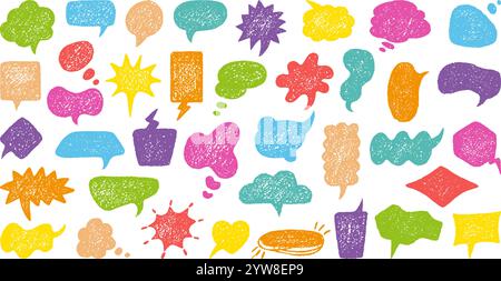 Textured speech bubbles. Crayon drawing bright text frames. Childish style talkative balloons, sketch grunge message banners for dialog, chalk drawn Stock Vector