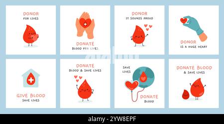 Blood donation cards. Cute red drop characters with happy faces. Care of patients. Volunteer program. Hands hold heart. Bloody droplets. charity plasm Stock Vector