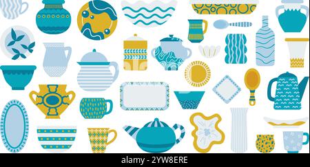 Cartoon ceramic crockery. Stylish kitchen plates bowls cups and mugs, vases and pot. Decorative tableware for dish serving, isolated neoteric vector Stock Vector