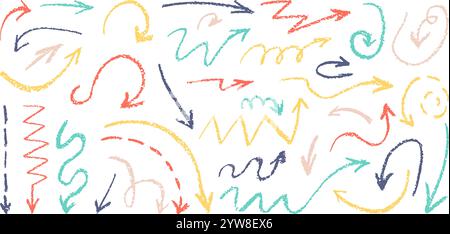 Charcoal pencil bright arrows. Crayon arrow drawing style, direction signs. Isolated abstract lines strokes and scribbles, neoteric vector clipart Stock Vector