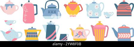 Cartoon kitchen teapots and cups. Kettles and mug, isolated ceramic crockery for teatime. Kitchen tools, cute porcelain cup. Ceramic neoteric vector Stock Vector