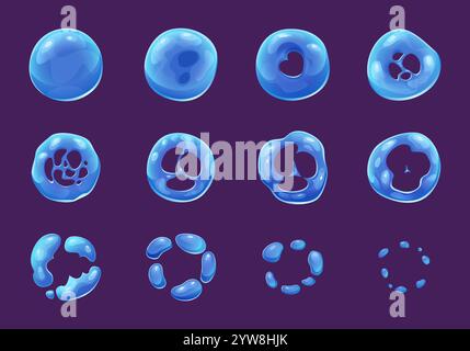 Bubble foam. Cartoon key frame 2d animation of blowing flowing and explosion transparent soap bubble exact vector templates assets for game design Stock Vector