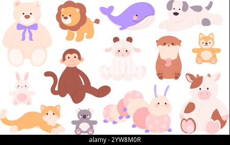 Plush animal toys. Funny textile animals for play, children little fabric friends. Toy monkey cat bear lion dog, fat cow. Childish racy vector Stock Vector