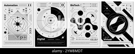 Brutalism y2k posters, abstract geometric shapes and retro elements. Vector line graphic posters with trendy brutalism figures and aesthetic minimalist symbols of stars, globes, arrows and flowers Stock Vector