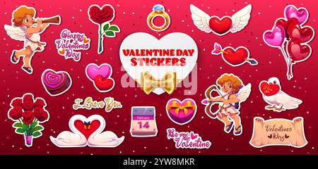 Stickers pack of valentine day cherubs, angels and love icons. Cartoon vector patches with red roses, winged heart, cupids with harp and bow, swan birds, paper scroll, calendar with data or balloons Stock Vector