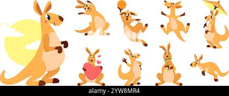 Funny kangaroo. Cartoon kangaroo characters in different poses. Australian wild animals jumping eating smiling. Cute classy vector animal from Stock Vector