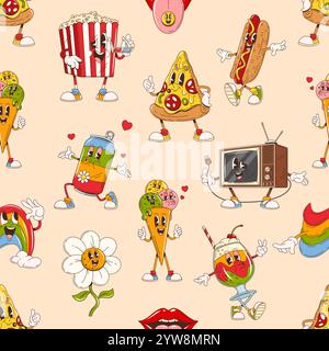 Cartoon funny groovy characters seamless pattern. Cute hippie fast food, rainbow, daisy flowers and TV vector personages background. Groovy pizza, hot dog, soda and hot dog, ice cream and dessert Stock Vector