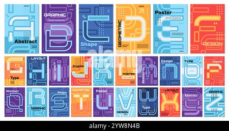 Modern alphabet typography book covers and poster templates, vector layouts. Typography alphabet letters letter in abstract trendy geometric or digital technology design for book covers and posters Stock Vector