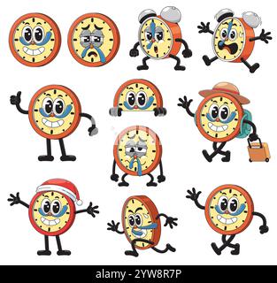 Cartoon Clock Character Illustration. Alarm Clock Character Stock Vector