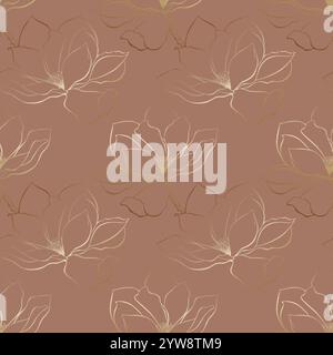 Magnolia pattern,contour flowers gold gradient on mocha mousse background. Vector illustration Stock Vector