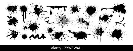Set of black spray paint blots, wavy lines, ink splatters. Blobs, stripes, inky drips in graffiti grunge texture. Brush strokes, stains with spatters and drops. Vector design elements in street style Stock Vector