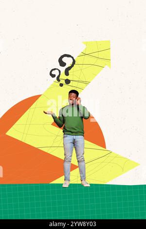 Vertical art banner collage of happy american man hold smartphone speak arrow dilemma question sign choice idea brainstorm Stock Photo