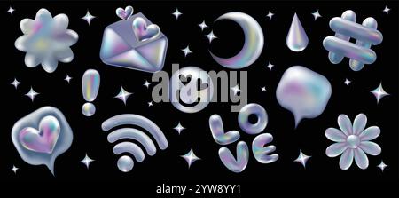 3d holographic retro 90 stickers set. Chrome Envelope, Hashtag, Like, Star, Daisy Flowers, Smile, WiFi in Y2K style isolated on black. Future galaxy aesthetic, 3D chrome bubble art. Metal glossy sticker set. Stock Vector