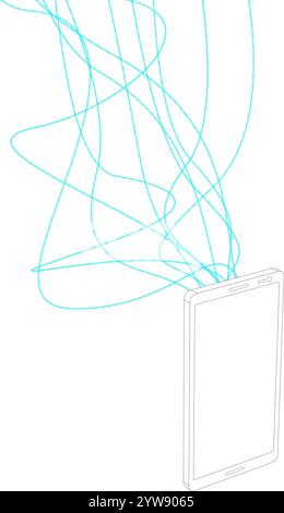 Smartphone with many wires, Mobile Phone contour. Stock Vector