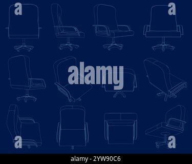 Office chair contour vector illustration on blue background. chair Line art, clip art. swivel chair Stock Vector