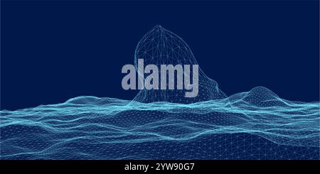 Vector retro futuristic background. Abstract digital landscape with particles dots and stars on horizon. Wireframe landscape background. Big Data Digi Stock Vector