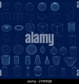 Outline of different geometric shapes in wireframe style. 3D. Vector illustration Stock Vector