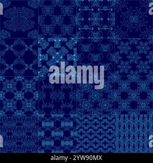 Set Seamless geometric patterns from blue lines. Vector illustration Stock Vector