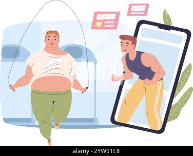 Online trainer. Sport exercises for weight loss with personal fitness instructor in smartphone app, fat man jumping rope in gym sporting coach workout training vector illustration original artwork Stock Vector