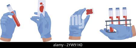 Blood tube analysis. Bloods filling glass vial tubes in nurse hands gloves for medical hiv or diabetes test, biochemistry chemical lab experience testing vector illustration original artwork Stock Vector