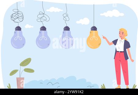 Simplify difficult project. Woman manager simplificate complex tasks, business mind process right easy solution messy path way to hard goal or success idea vector illustration original artwork Stock Vector