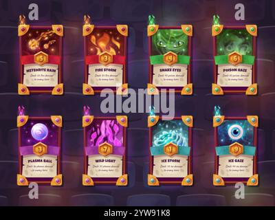 Game spell cards. Magic spells card fantasy rpg gaming design, wizard magical skills gui deck fire lights supernatural sorcery power alchemy spelling set swanky vector illustration original artwork Stock Vector
