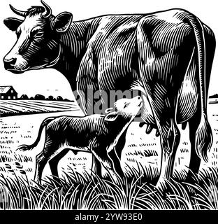 Black and white illustration of a cow is nursing her calf, which is smaller and more delicate. Cow is large and strong, with a gentle expression on he Stock Vector